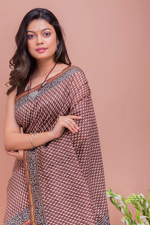 TICH Classic Elegance. Bagru Block Printed Chanderi Saree - Brown Buds - Image 3