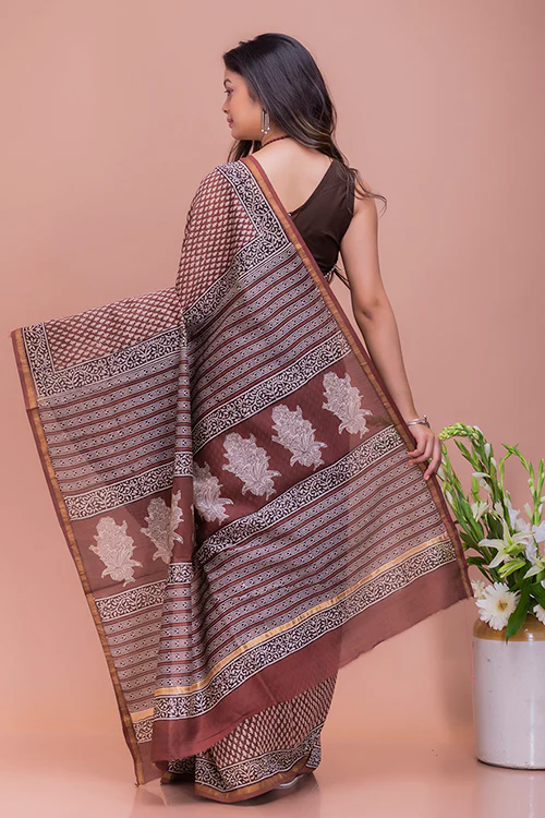 TICH Classic Elegance. Bagru Block Printed Chanderi Saree - Brown Buds - Image 4