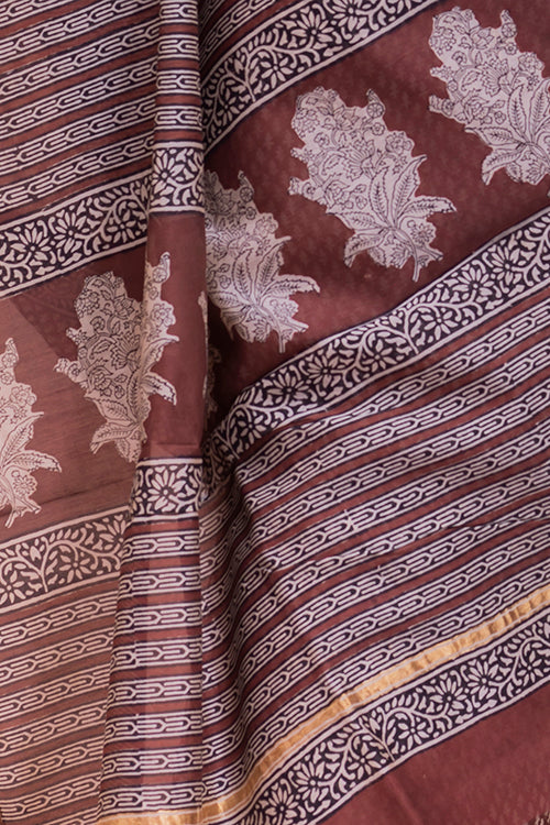TICH Classic Elegance. Bagru Block Printed Chanderi Saree - Brown Buds - Image 5