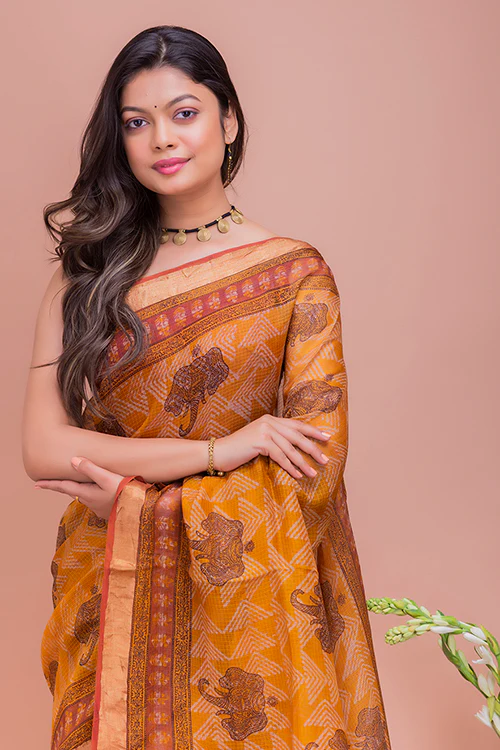 TICH Classic Elegance. Bagru & Dabu Block Printed Kota Silk Saree - Mustard Elephants - Image 3