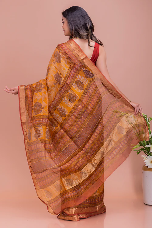 TICH Classic Elegance. Bagru & Dabu Block Printed Kota Silk Saree - Mustard Elephants - Image 4