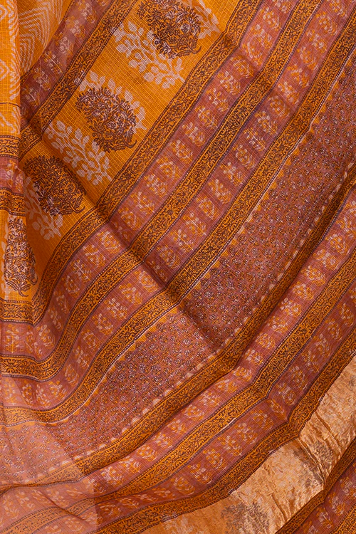TICH Classic Elegance. Bagru & Dabu Block Printed Kota Silk Saree - Mustard Elephants - Image 5