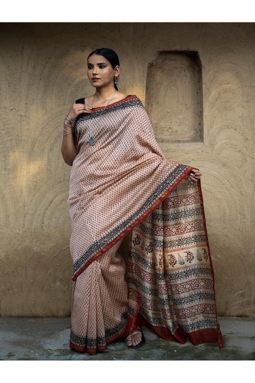 TICH Bagru Hand Block Printed Chanderi Saree - Red Buds - Image 2