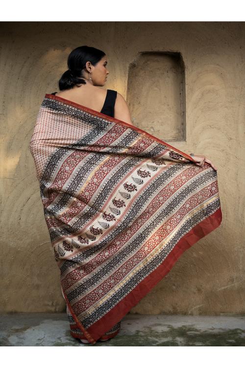 TICH Bagru Hand Block Printed Chanderi Saree - Red Buds - Image 6