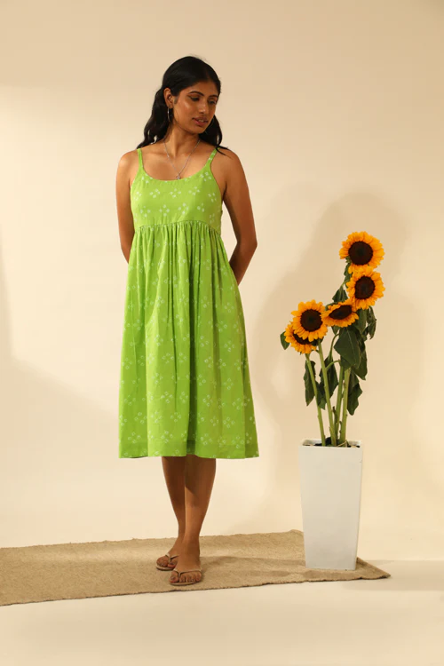 Rangsutra Bandhani Strappy Knee Length Dress In Lime Green - Image 2