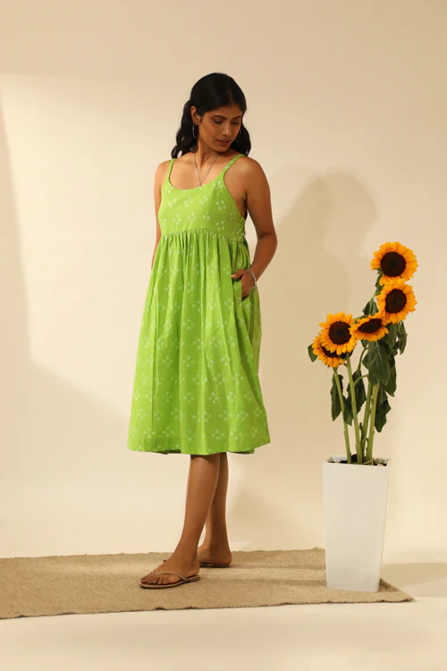 Rangsutra Bandhani Strappy Knee Length Dress In Lime Green - Image 3