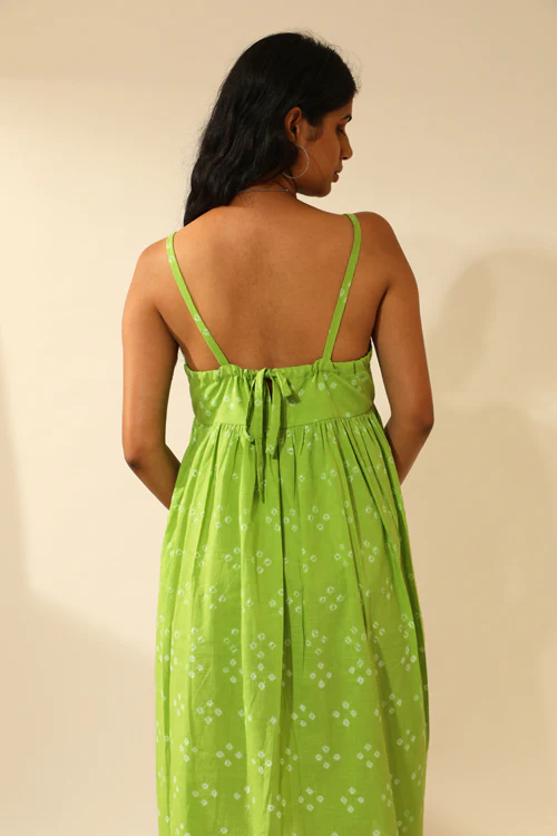Rangsutra Bandhani Strappy Knee Length Dress In Lime Green - Image 4