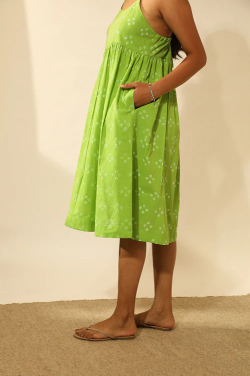 Rangsutra Bandhani Strappy Knee Length Dress In Lime Green - Image 5
