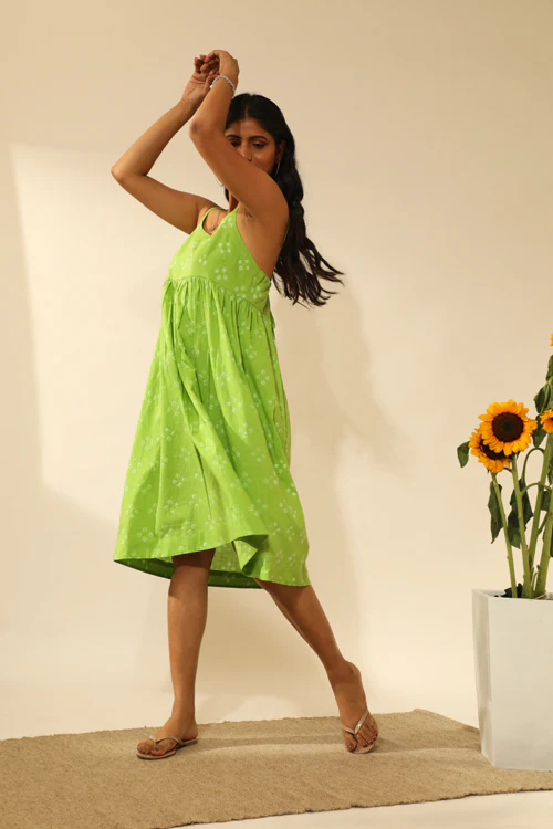 Rangsutra Bandhani Strappy Knee Length Dress In Lime Green - Image 6