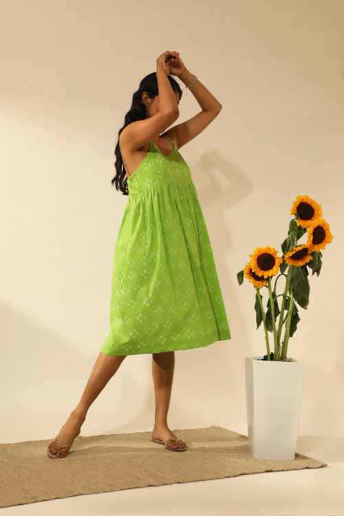 Rangsutra Bandhani Strappy Knee Length Dress In Lime Green - Image 7