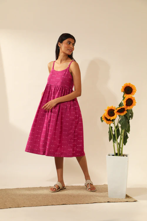 Rangsutra Bandhani Strappy Knee Length Dress In Magenta Pink
