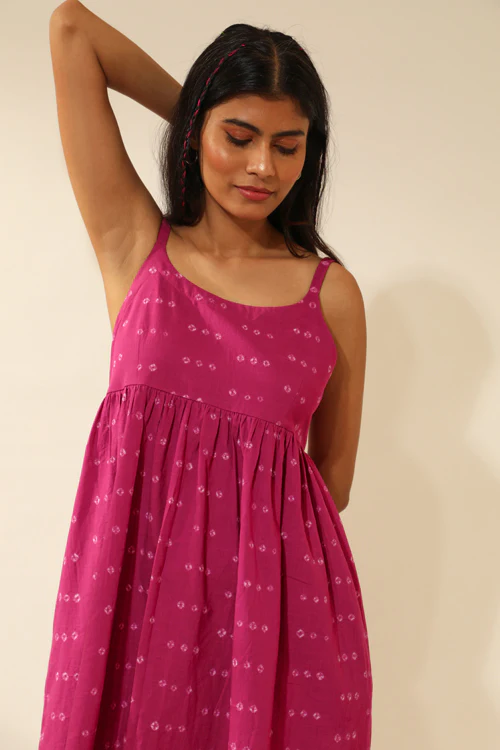 Rangsutra Bandhani Strappy Knee Length Dress In Magenta Pink - Image 4