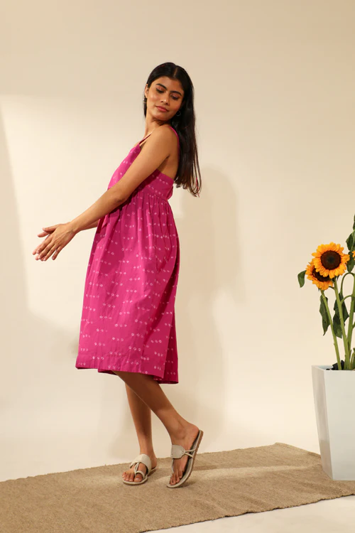 Rangsutra Bandhani Strappy Knee Length Dress In Magenta Pink - Image 5