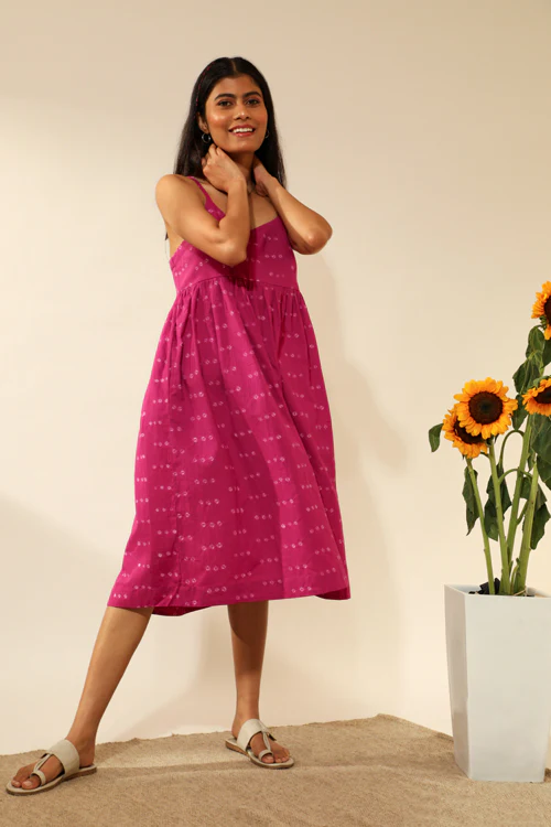 Rangsutra Bandhani Strappy Knee Length Dress In Magenta Pink - Image 6