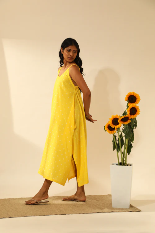 Rangsutra Bandhani Strappy Long Dress In Electric Yellow - Image 2