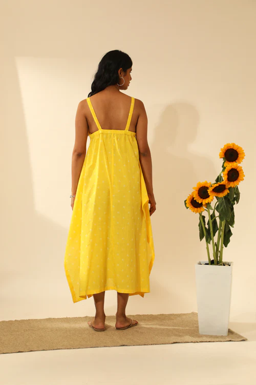 Rangsutra Bandhani Strappy Long Dress In Electric Yellow - Image 3