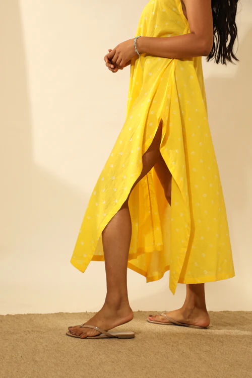 Rangsutra Bandhani Strappy Long Dress In Electric Yellow - Image 4