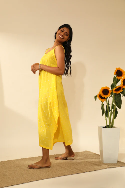 Rangsutra Bandhani Strappy Long Dress In Electric Yellow - Image 8