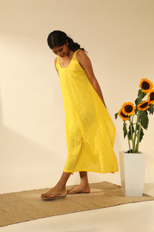 Rangsutra Bandhani Strappy Long Dress In Electric Yellow - Image 9