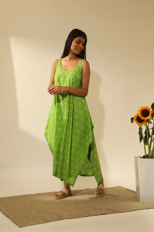 Rangsutra Bandhani Strappy Long Dress In Lime Green - Image 10
