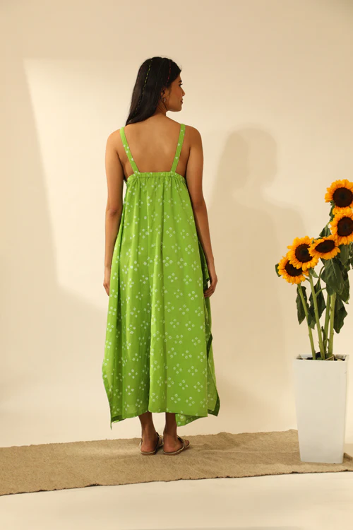 Rangsutra Bandhani Strappy Long Dress In Lime Green - Image 2