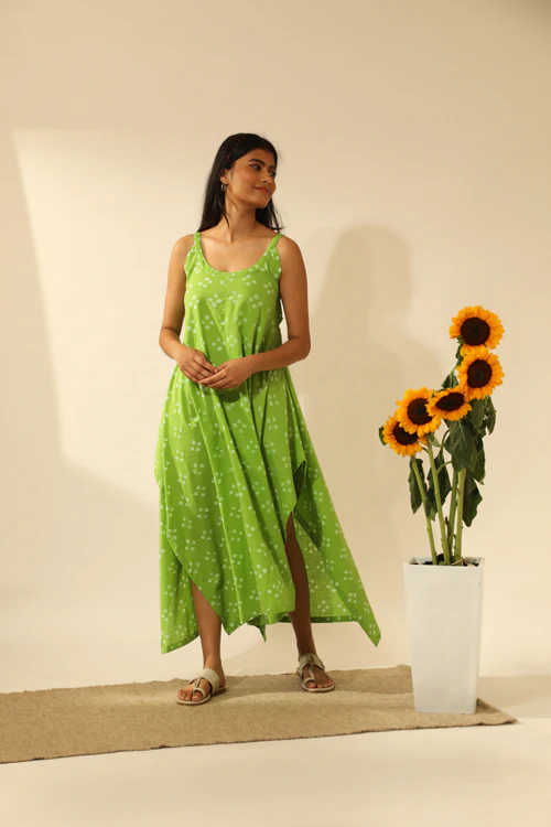 Rangsutra Bandhani Strappy Long Dress In Lime Green - Image 3