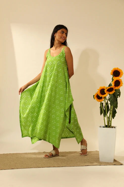 Rangsutra Bandhani Strappy Long Dress In Lime Green - Image 4