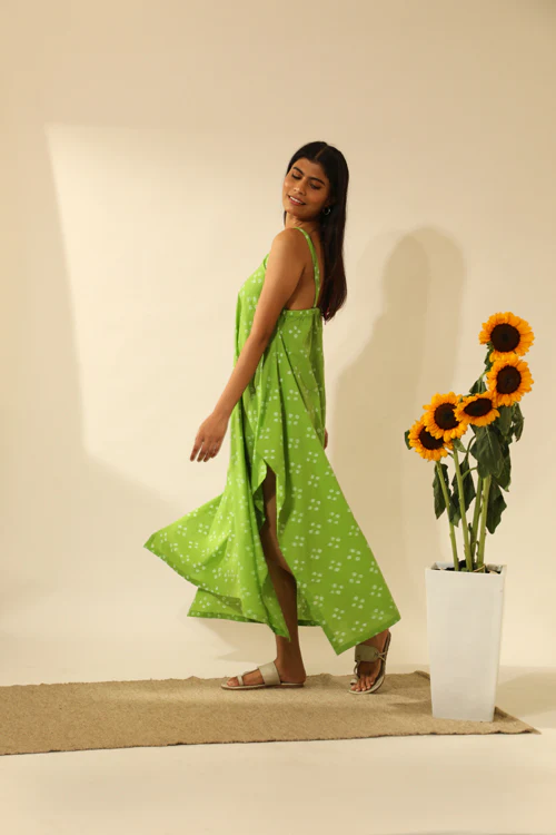 Rangsutra Bandhani Strappy Long Dress In Lime Green - Image 5