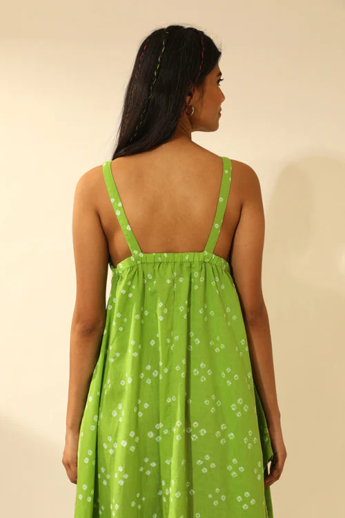 Rangsutra Bandhani Strappy Long Dress In Lime Green - Image 6