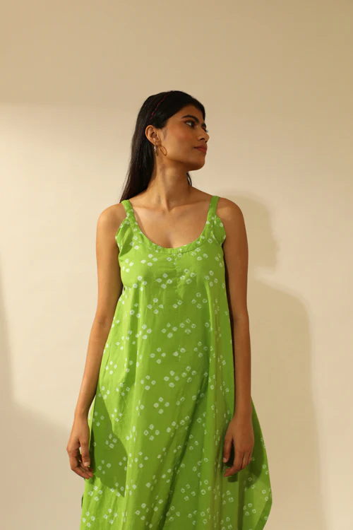 Rangsutra Bandhani Strappy Long Dress In Lime Green - Image 9