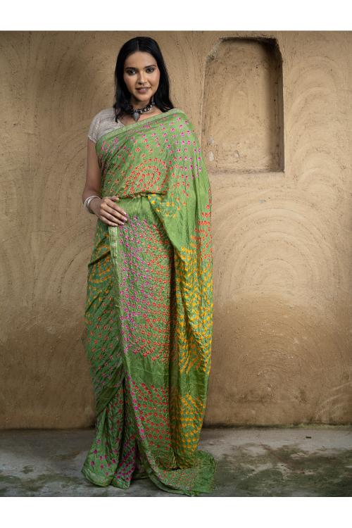 Bandhini Soft Polysilk Saree - Green Medley - Image 2