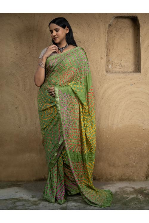 Bandhini Soft Polysilk Saree - Green Medley - Image 7