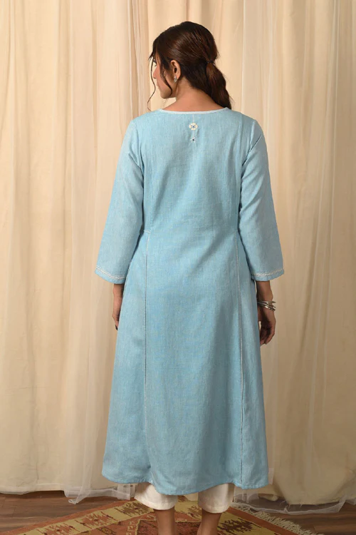 Rangsutra Baori Blue Hand Embroidered 3Q Sleeve Kurta - Image 7