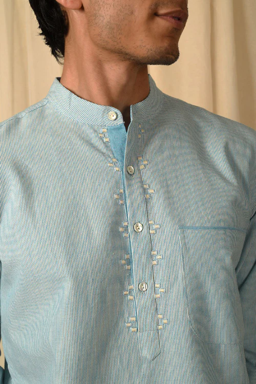 Rangsutra Baori Blue Hand Embroidered Full Sleeve Long Kurta - Image 2