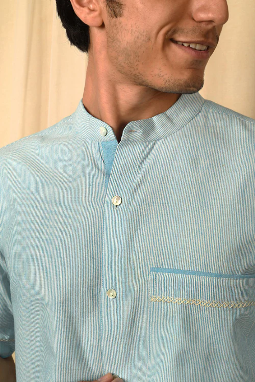 Rangsutra Baori Blue Hand Embroidered Half Sleeve Shirt - Image 2