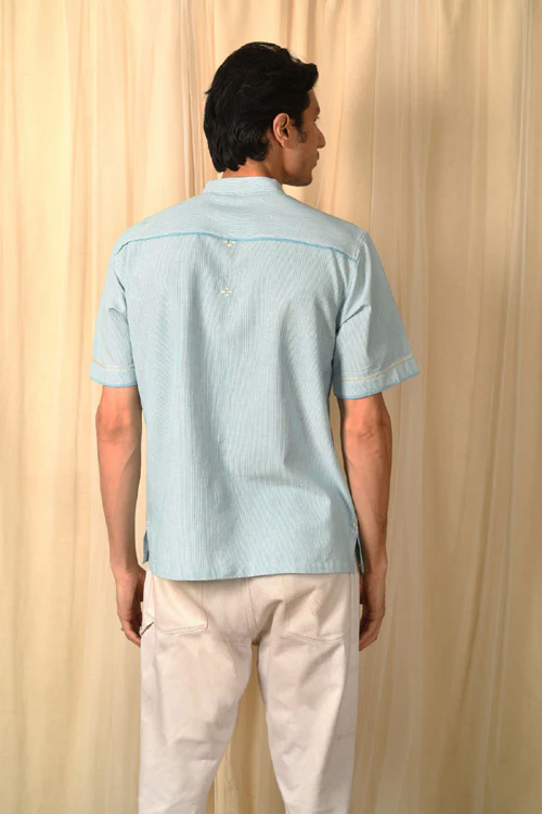 Rangsutra Baori Blue Hand Embroidered Half Sleeve Shirt - Image 4