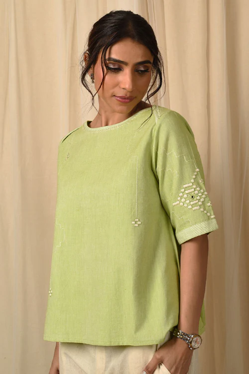 Rangsutra Baori Green Hand Embroidered Round Neck Top - Image 3