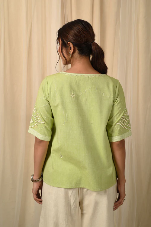 Rangsutra Baori Green Hand Embroidered Round Neck Top - Image 5
