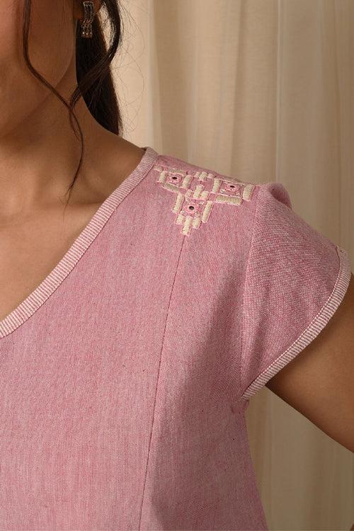 Rangsutra Baori Pink Hand Embroidered V Neck Top - Image 2