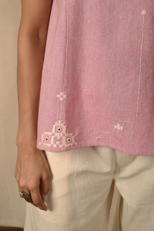 Rangsutra Baori Pink Hand Embroidered V Neck Top - Image 3