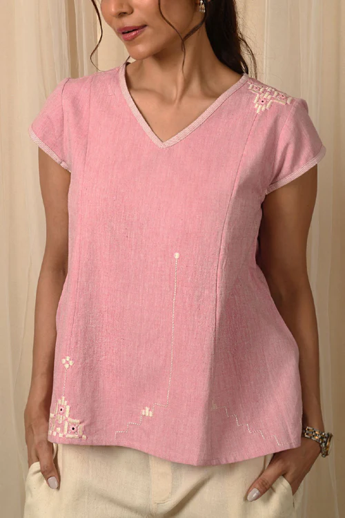 Rangsutra Baori Pink Hand Embroidered V Neck Top - Image 4