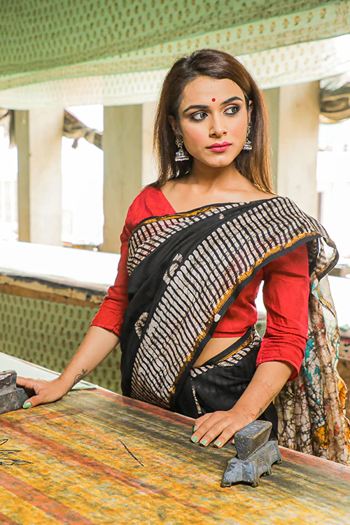 Sooti Syahi Batik Handblock Print Chanderi Silk Saree-72 - Image 4