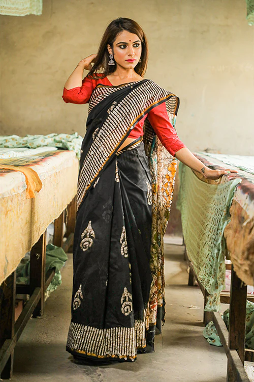 Sooti Syahi Batik Handblock Print Chanderi Silk Saree-72 - Image 5