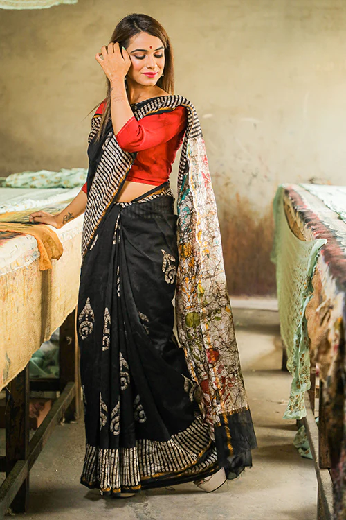 Sooti Syahi Batik Handblock Print Chanderi Silk Saree-72 - Image 6
