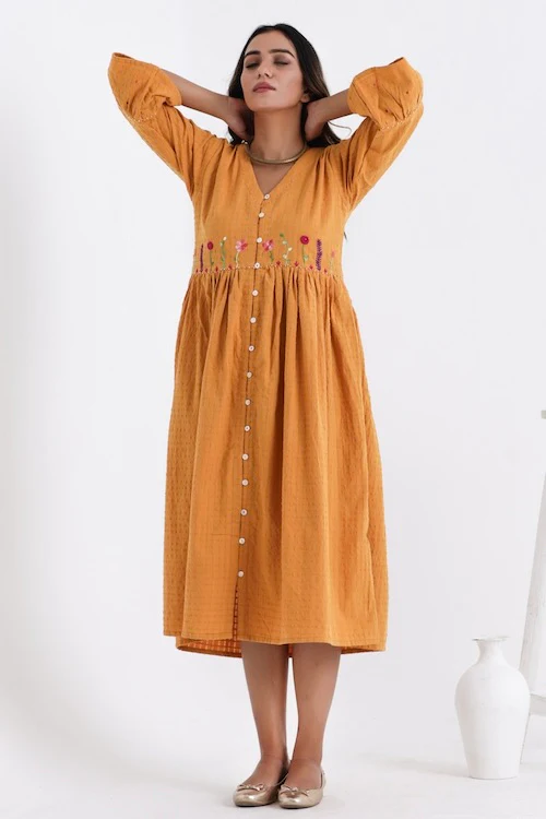Bebaak Amara Flounce Sleeved Pure Cotton Hand Embroidered Dress - Image 2