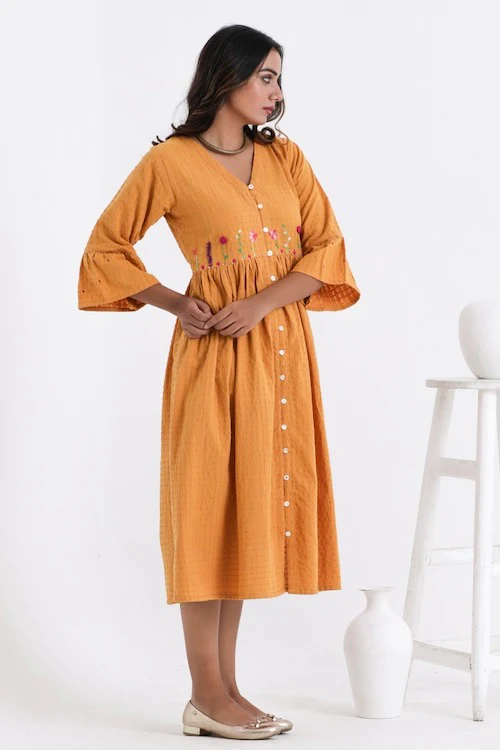 Bebaak Amara Flounce Sleeved Pure Cotton Hand Embroidered Dress - Image 3