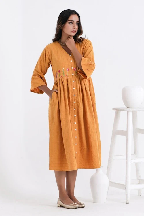 Bebaak Amara Flounce Sleeved Pure Cotton Hand Embroidered Dress - Image 4
