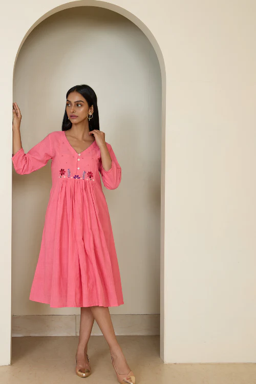 Bebaak Dia Floral Handwoven & Hand Embroidered Gather Dress - Image 4