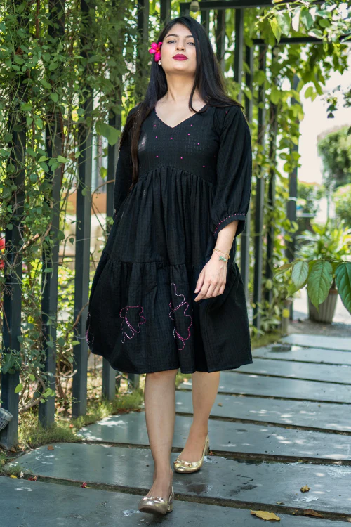 Bebaak Hand Embroidered & Handwoven Black Tier Dress