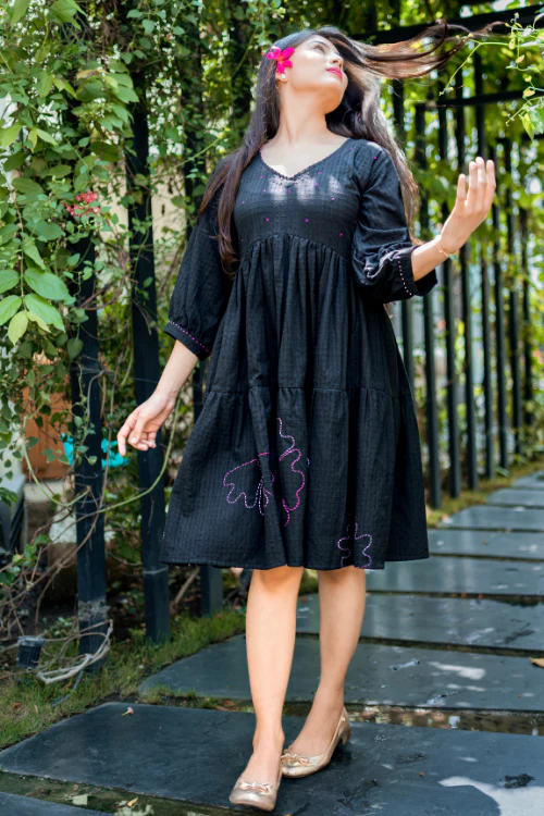 Bebaak Hand Embroidered & Handwoven Black Tier Dress - Image 4
